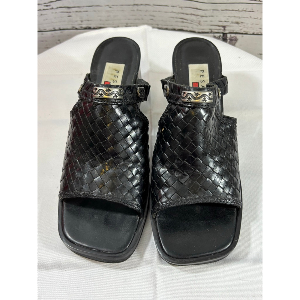 Women's Pesaro Black Woven Leather Block Heel Sandals Size 6.5 Silver Accents